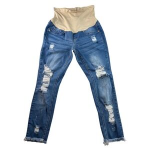 Blue‎ Savvy Maternity Jeans Distressed Denim Comfortable Over Belly Size Medium